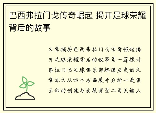 巴西弗拉门戈传奇崛起 揭开足球荣耀背后的故事